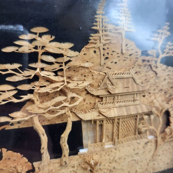 Vintage Chinese Hand Carved Cork Diorama Jewelry Box Red Lining Wood Box SEE - Picture 5 of 16